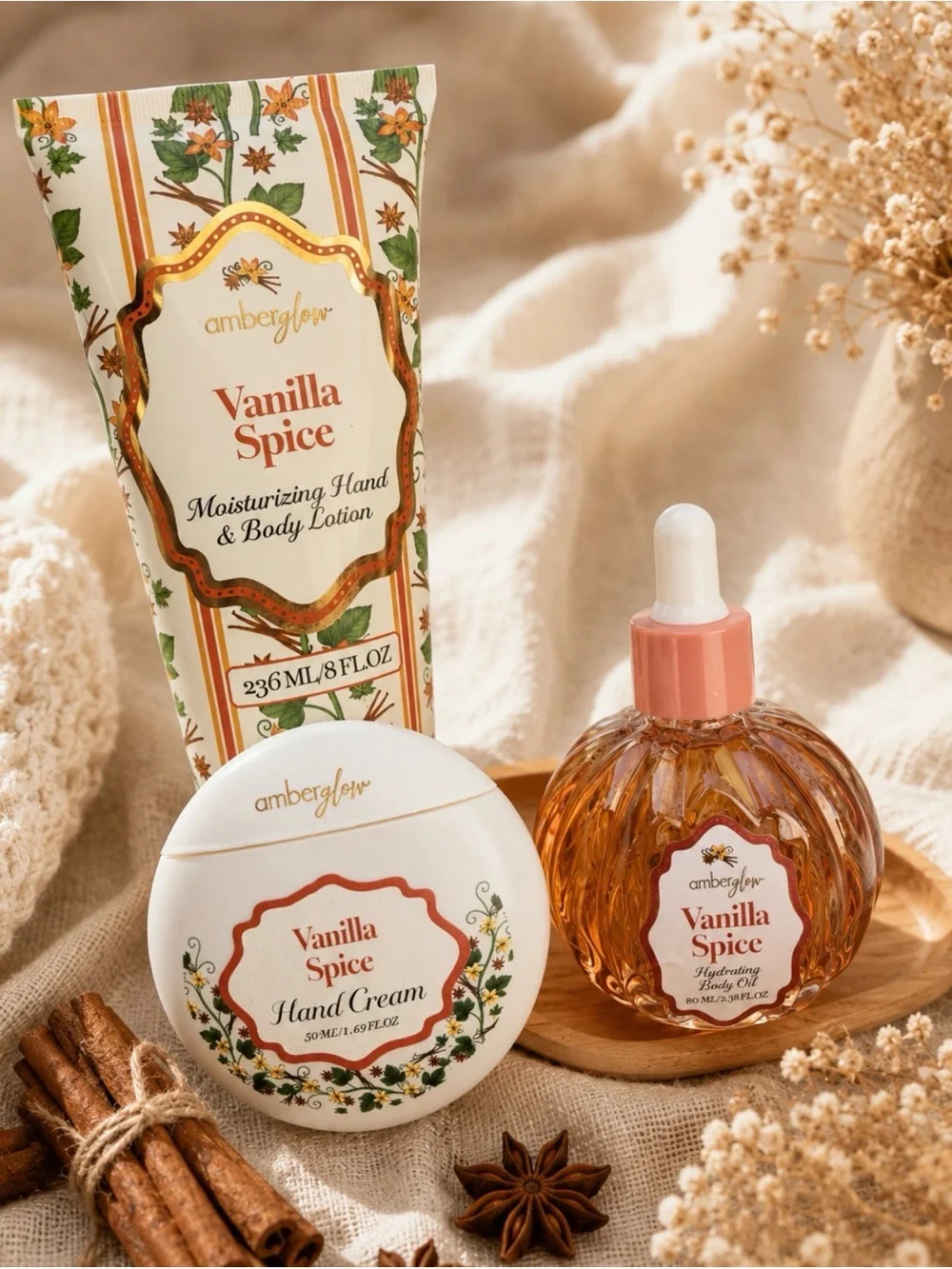 Amberglow Vanilla Spice Moisturizing Hand, Body Oil & Body Lotion